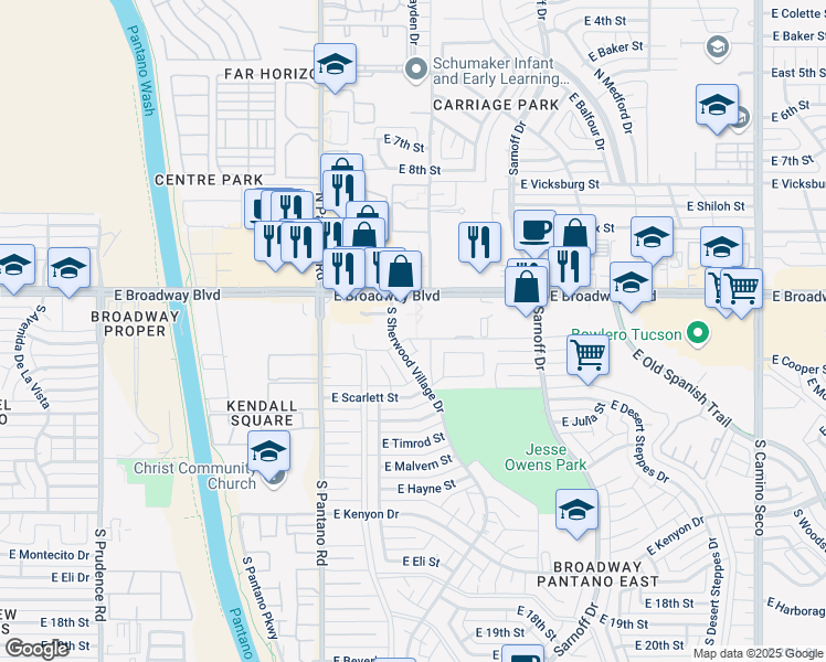map of restaurants, bars, coffee shops, grocery stores, and more near 8050 East Broadway Boulevard in Tucson