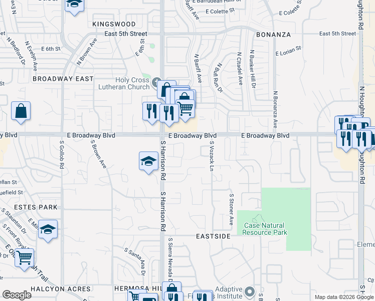 map of restaurants, bars, coffee shops, grocery stores, and more near 9675 East Belasco Loop in Tucson