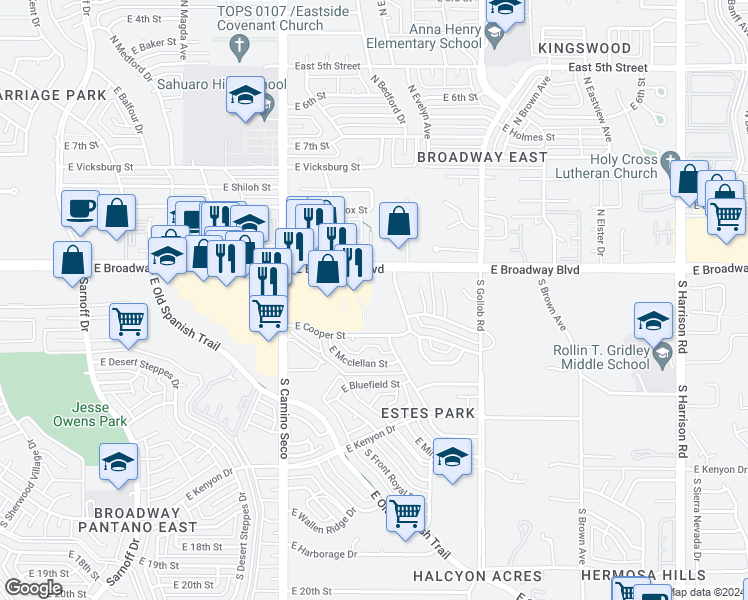map of restaurants, bars, coffee shops, grocery stores, and more near 8880 East Broadway Boulevard in Tucson