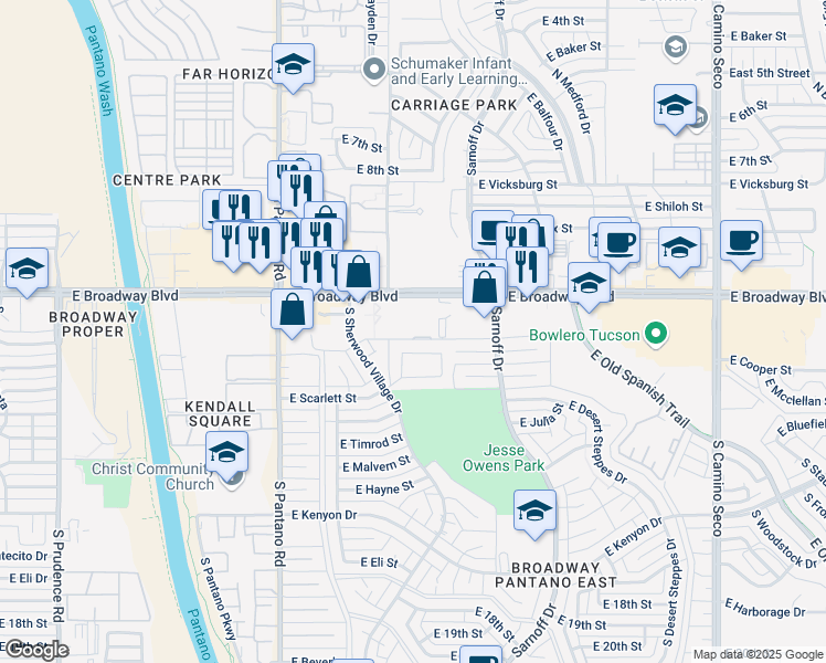 map of restaurants, bars, coffee shops, grocery stores, and more near 8160 East Broadway Boulevard in Tucson