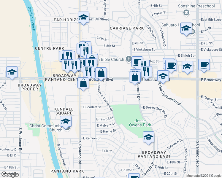map of restaurants, bars, coffee shops, grocery stores, and more near 8050 East Broadway Boulevard in Tucson