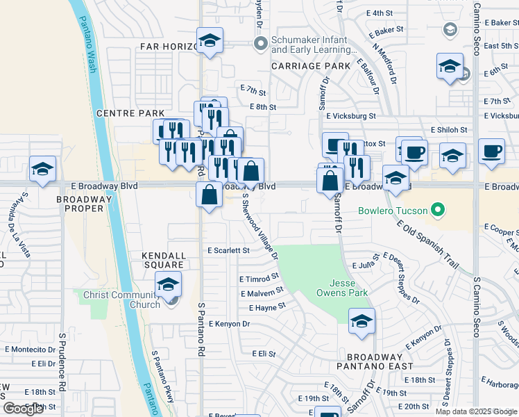 map of restaurants, bars, coffee shops, grocery stores, and more near 8050 East Broadway Boulevard in Tucson