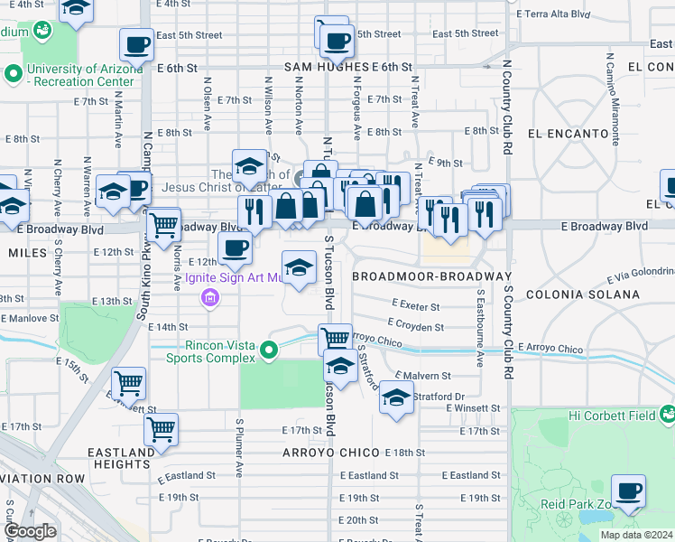 map of restaurants, bars, coffee shops, grocery stores, and more near 228 South Tucson Boulevard in Tucson