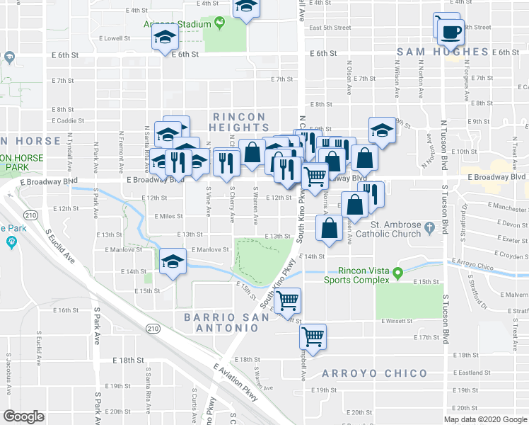 map of restaurants, bars, coffee shops, grocery stores, and more near 1716 East 12th Street in Tucson