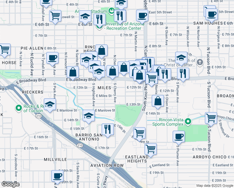 map of restaurants, bars, coffee shops, grocery stores, and more near 215 South Cherry Avenue in Tucson