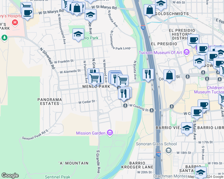 map of restaurants, bars, coffee shops, grocery stores, and more near 885 West Congress Street in Tucson