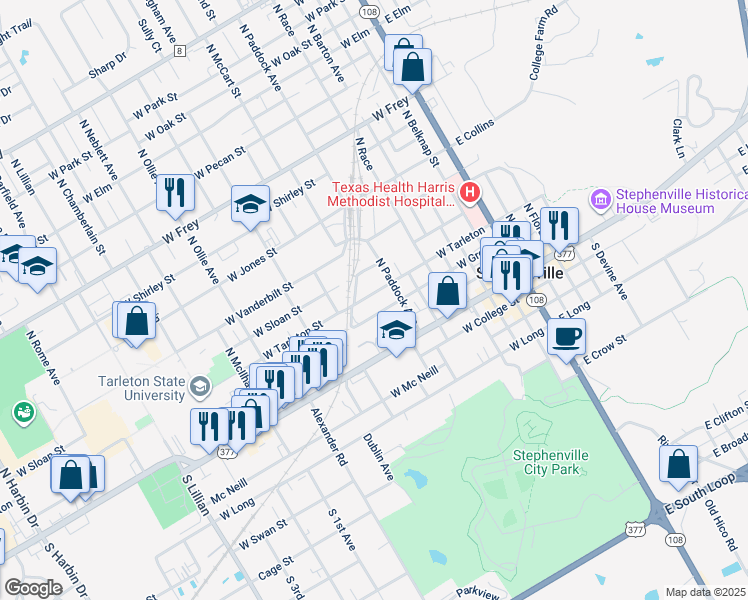 map of restaurants, bars, coffee shops, grocery stores, and more near 744 West Tarleton Street in Stephenville