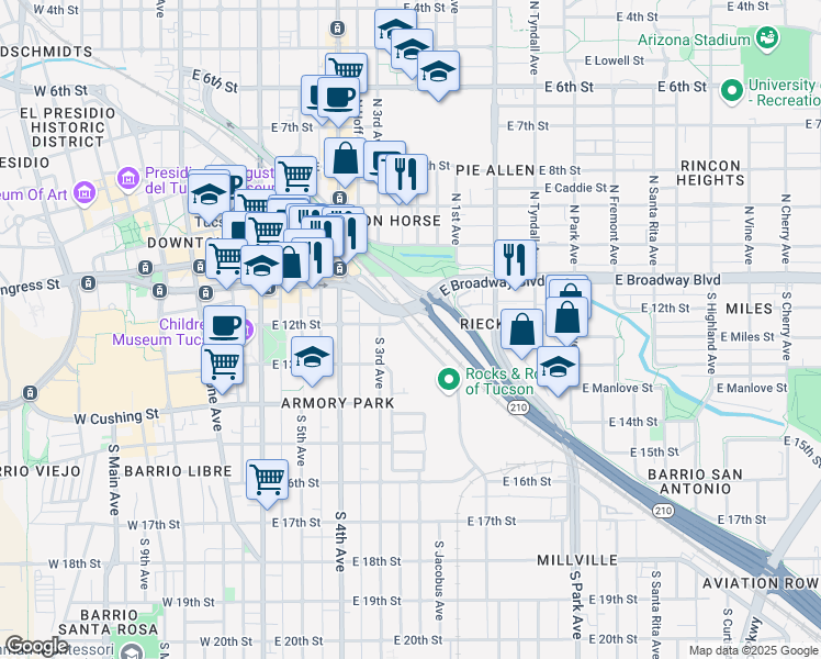 map of restaurants, bars, coffee shops, grocery stores, and more near South Toole Avenue in Tucson