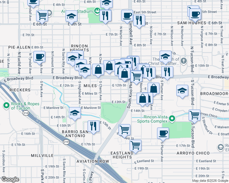 map of restaurants, bars, coffee shops, grocery stores, and more near 1716 East 12th Street in Tucson