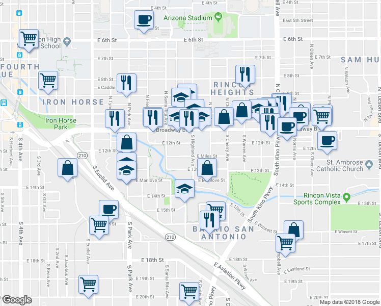 map of restaurants, bars, coffee shops, grocery stores, and more near 280 South Highland Avenue in Tucson