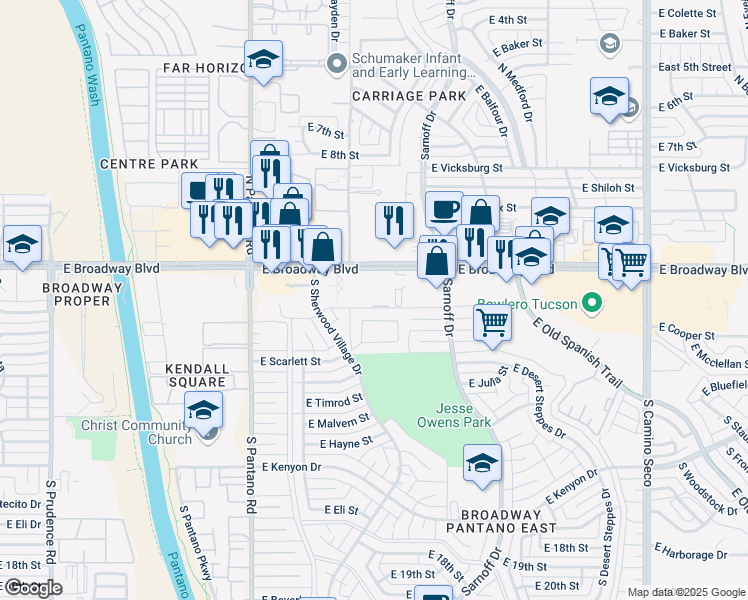 map of restaurants, bars, coffee shops, grocery stores, and more near 8160 East Broadway Boulevard in Tucson