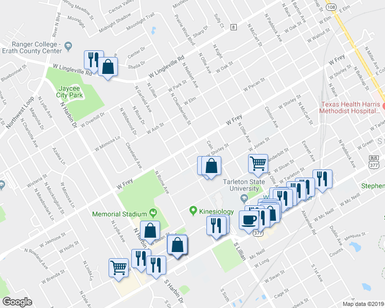 map of restaurants, bars, coffee shops, grocery stores, and more near 805 North Lillian Street in Stephenville