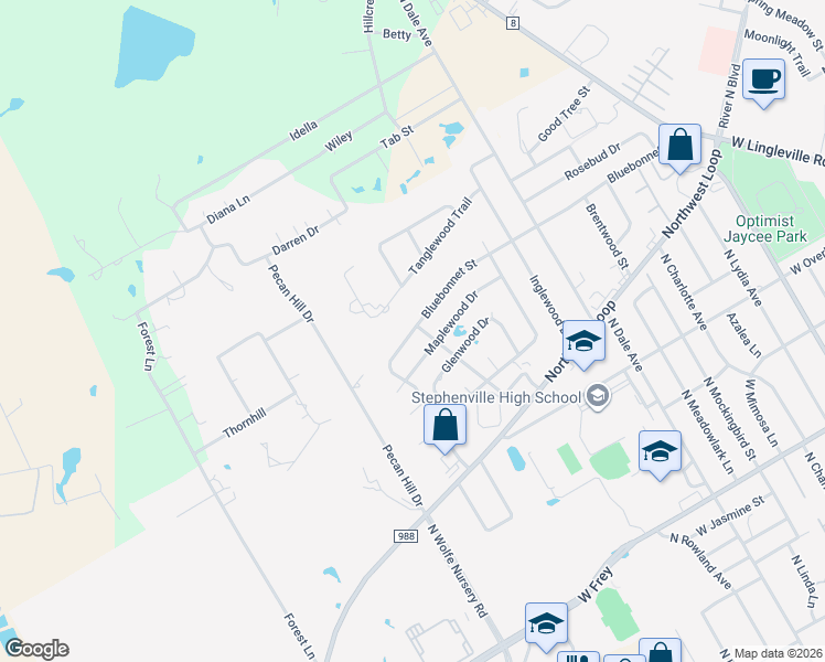 map of restaurants, bars, coffee shops, grocery stores, and more near 688 Bluebonnet St in Stephenville
