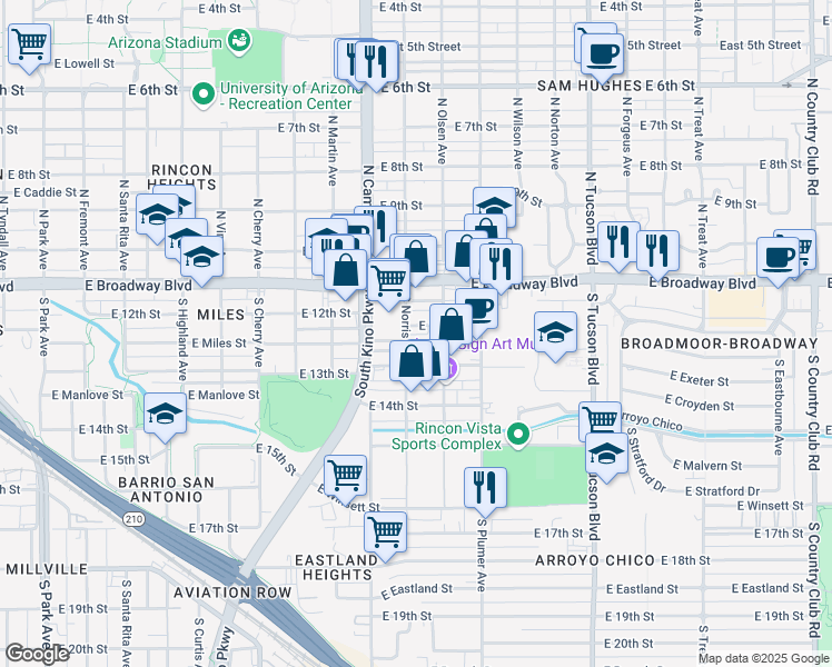 map of restaurants, bars, coffee shops, grocery stores, and more near 2040 East 12th Street in Tucson