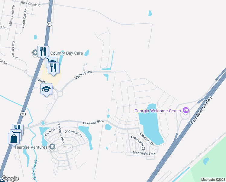 map of restaurants, bars, coffee shops, grocery stores, and more near Lakeside Boulevard in Port Wentworth