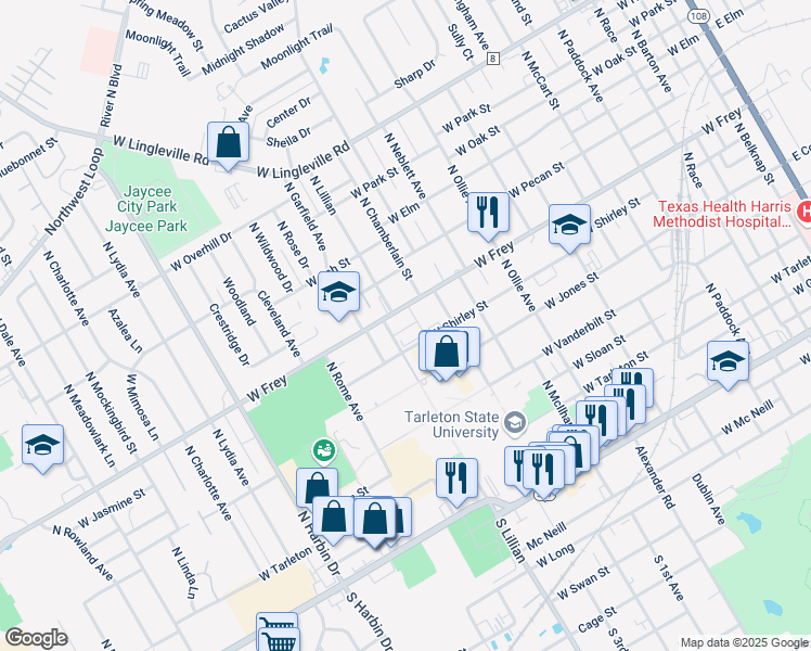 map of restaurants, bars, coffee shops, grocery stores, and more near 805 North Lillian Street in Stephenville