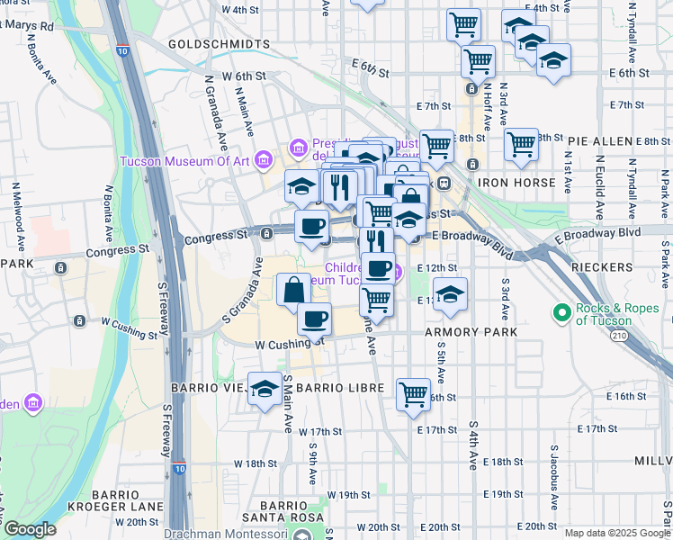 map of restaurants, bars, coffee shops, grocery stores, and more near 72 West Ochoa Street in Tucson
