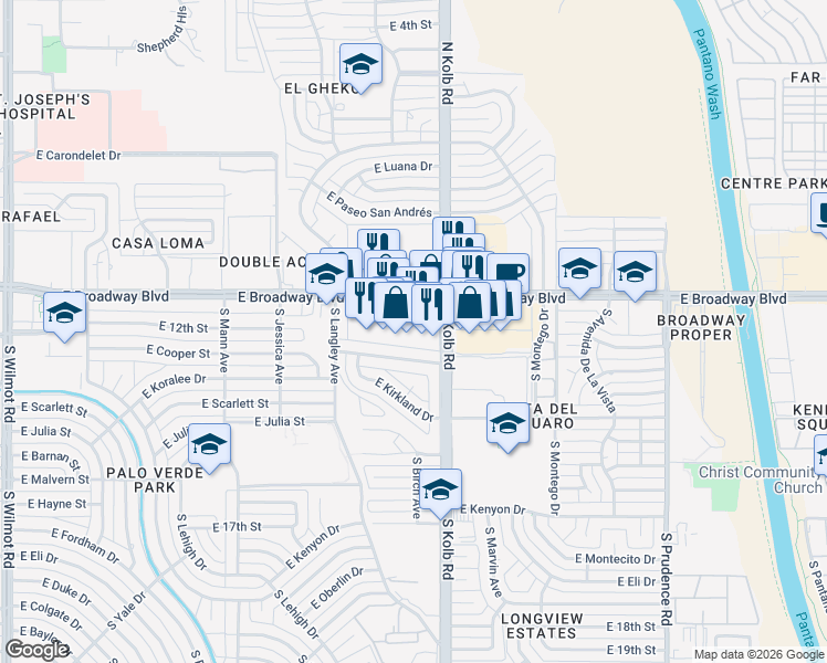 map of restaurants, bars, coffee shops, grocery stores, and more near 120 South Kolb Road in Tucson