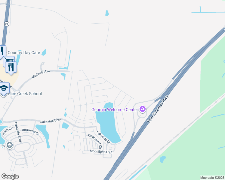 map of restaurants, bars, coffee shops, grocery stores, and more near Lakeside Drive in Port Wentworth