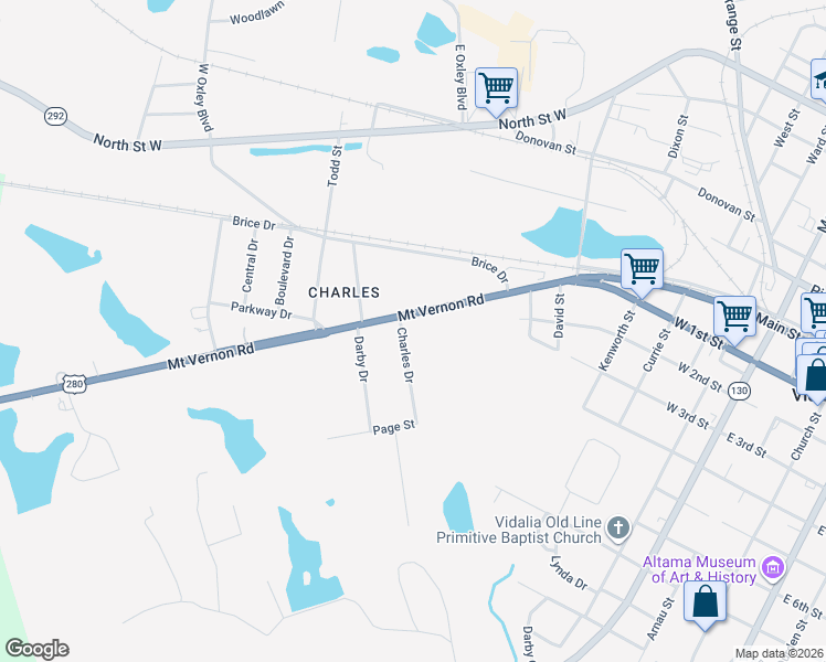 map of restaurants, bars, coffee shops, grocery stores, and more near 408-424 Charles Drive in Vidalia