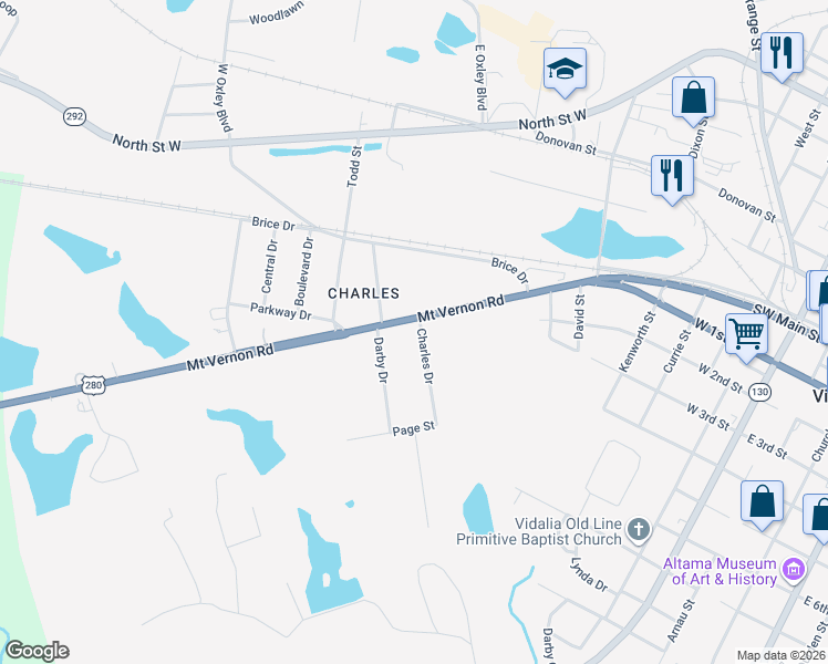 map of restaurants, bars, coffee shops, grocery stores, and more near 1100 Mount Vernon Road in Vidalia