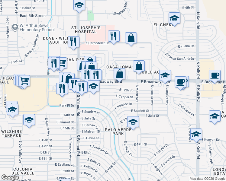 map of restaurants, bars, coffee shops, grocery stores, and more near 6558 East 12th Street in Tucson