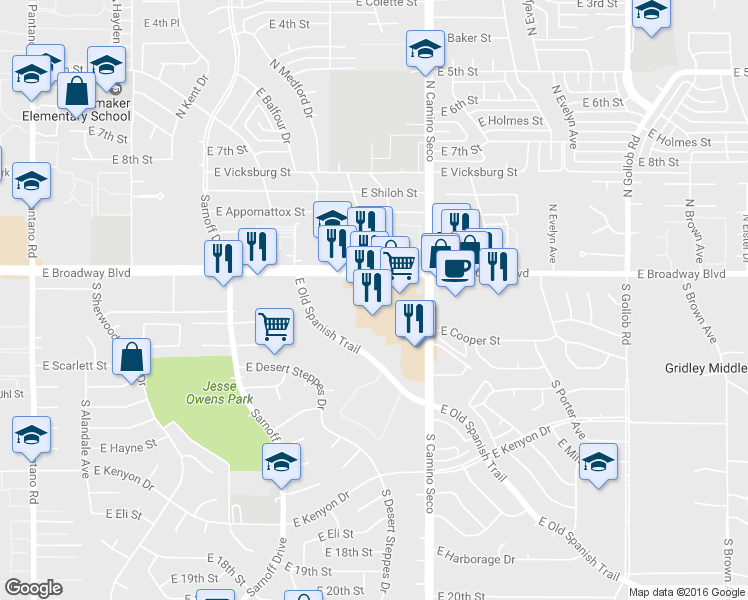 map of restaurants, bars, coffee shops, grocery stores, and more near 8576 East Broadway Boulevard in Tucson