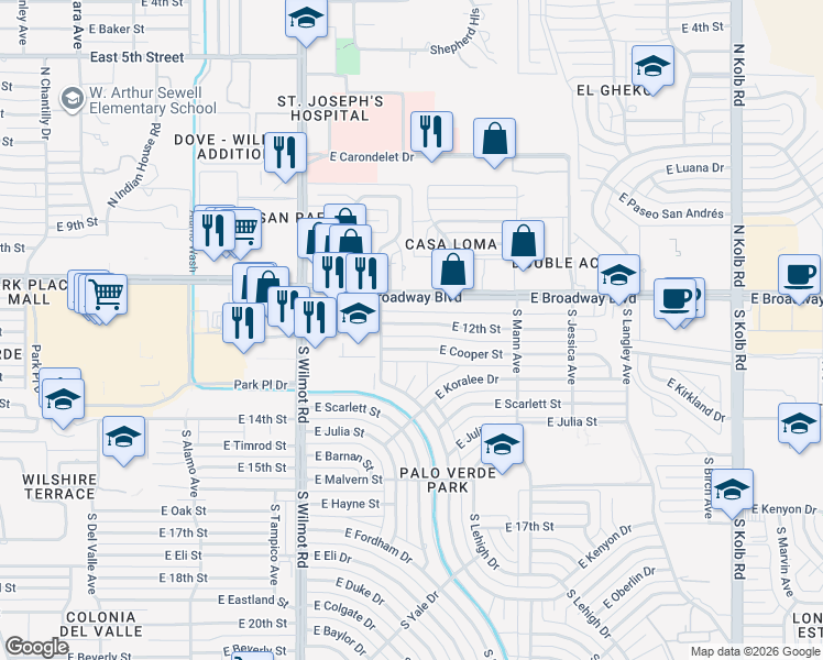 map of restaurants, bars, coffee shops, grocery stores, and more near 6558 East 12th Street in Tucson