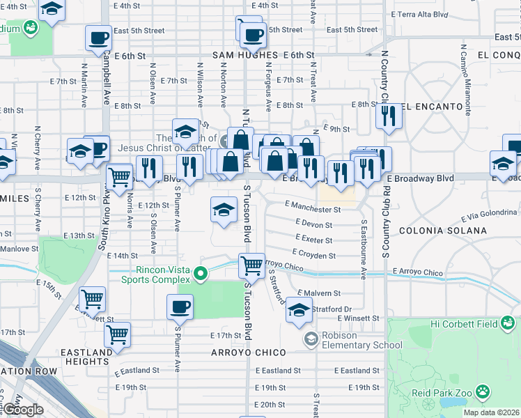 map of restaurants, bars, coffee shops, grocery stores, and more near 210 South Stratford Drive in Tucson