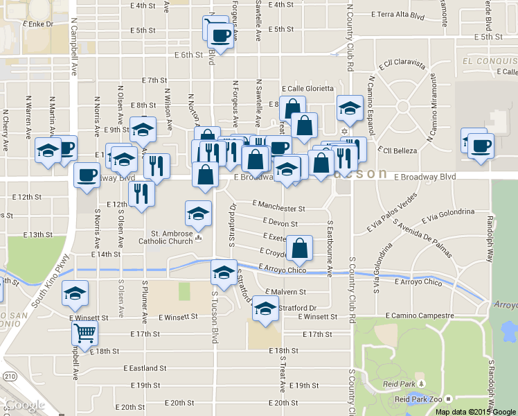 map of restaurants, bars, coffee shops, grocery stores, and more near 2702 East Manchester Street in Tucson