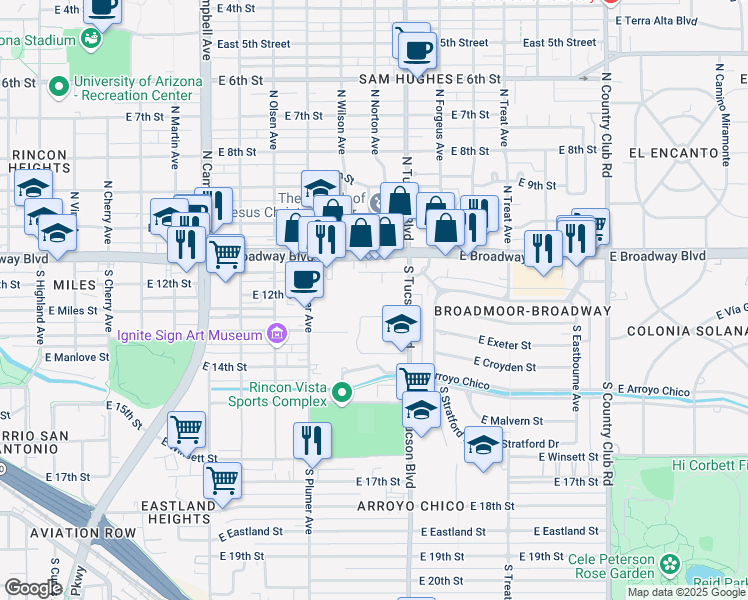 map of restaurants, bars, coffee shops, grocery stores, and more near 142 South Tucson Boulevard in Tucson