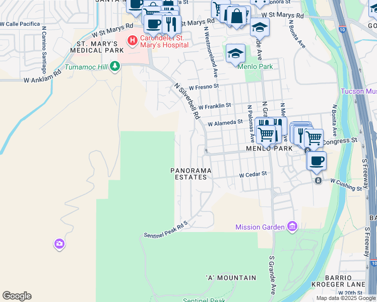 map of restaurants, bars, coffee shops, grocery stores, and more near 23 South Bella Vista Drive in Tucson