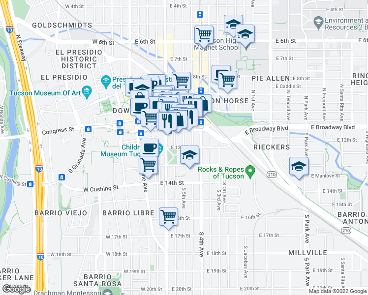 map of restaurants, bars, coffee shops, grocery stores, and more near S 5th Ave & E 12th St in Tucson