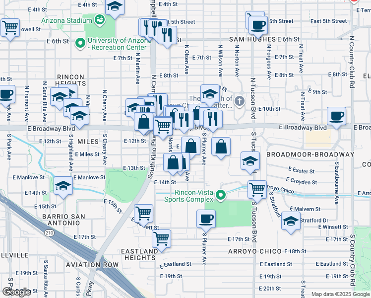 map of restaurants, bars, coffee shops, grocery stores, and more near 2040 East 12th Street in Tucson