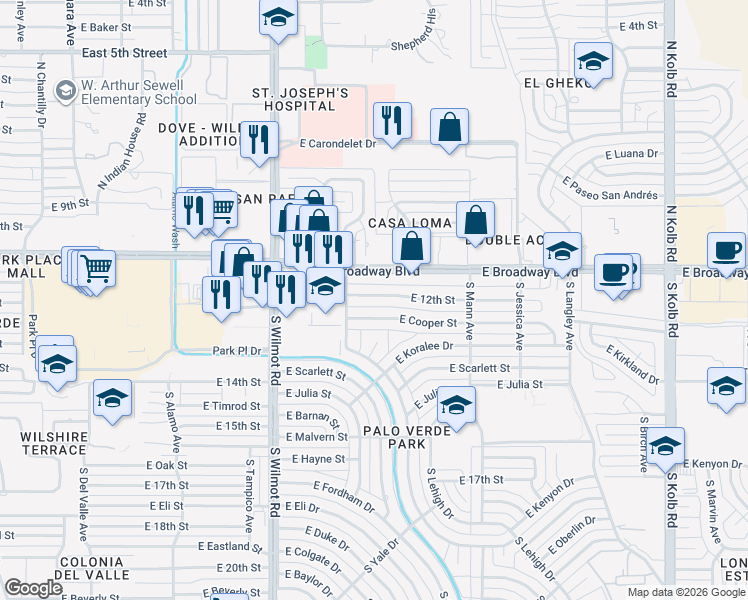 map of restaurants, bars, coffee shops, grocery stores, and more near 6558 East 12th Street in Tucson