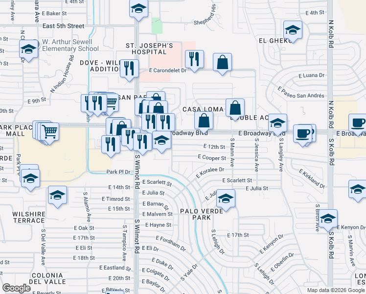 map of restaurants, bars, coffee shops, grocery stores, and more near 6510 East 12th Street in Tucson