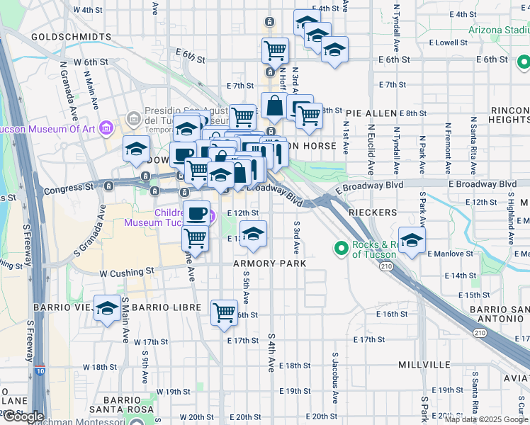 map of restaurants, bars, coffee shops, grocery stores, and more near 126 South 4th Avenue in Tucson