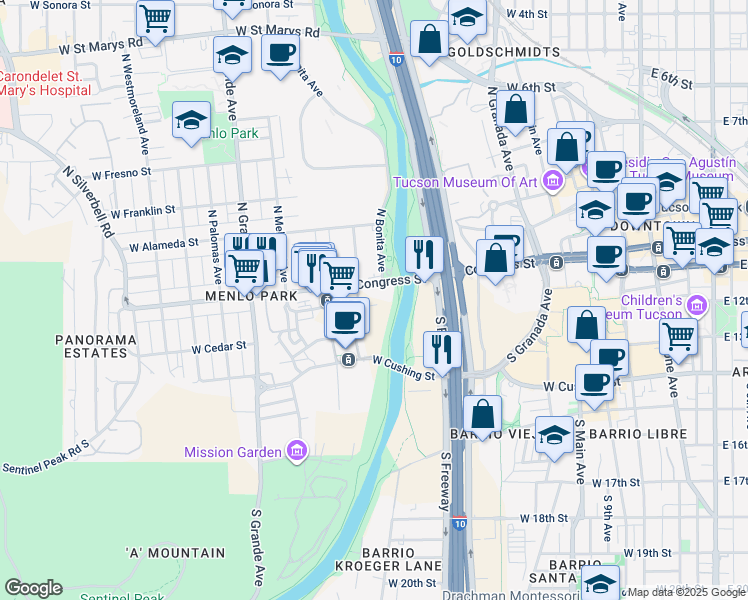 map of restaurants, bars, coffee shops, grocery stores, and more near in Tucson
