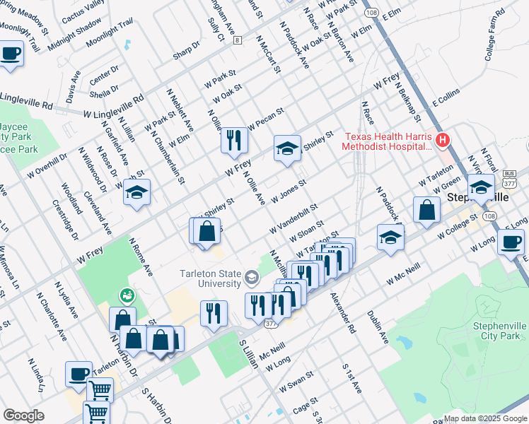 map of restaurants, bars, coffee shops, grocery stores, and more near 632 North Ollie Avenue in Stephenville