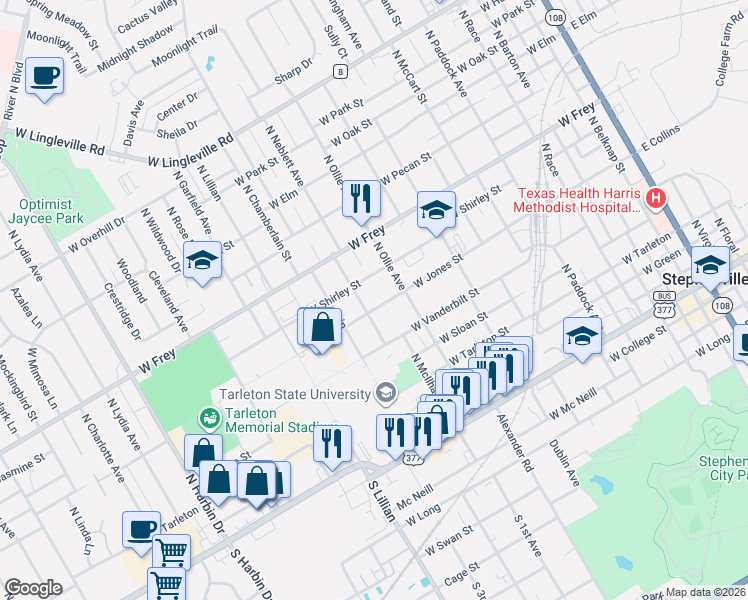 map of restaurants, bars, coffee shops, grocery stores, and more near 747 North Neblett Avenue in Stephenville