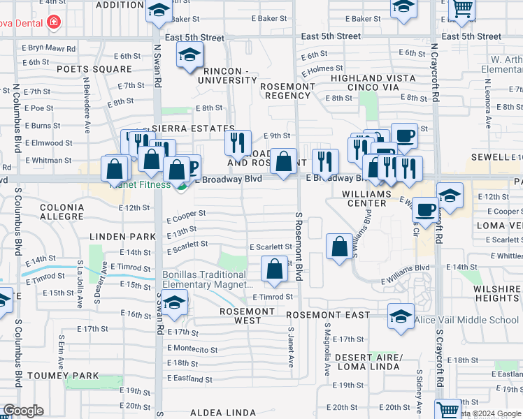 map of restaurants, bars, coffee shops, grocery stores, and more near 4933 East Cooper Street in Tucson