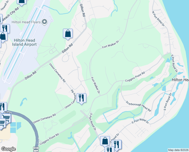 map of restaurants, bars, coffee shops, grocery stores, and more near 16 Suttlers Row in Hilton Head Island