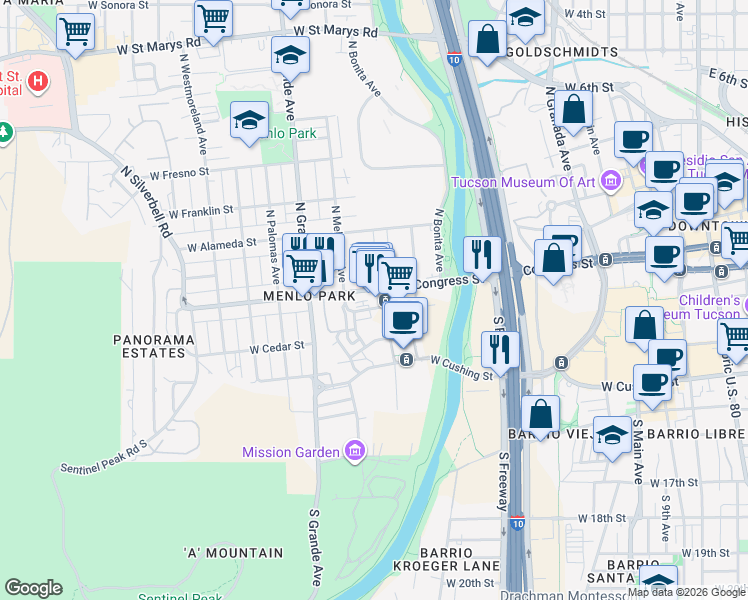 map of restaurants, bars, coffee shops, grocery stores, and more near 100 South Avenida del Convento in Tucson