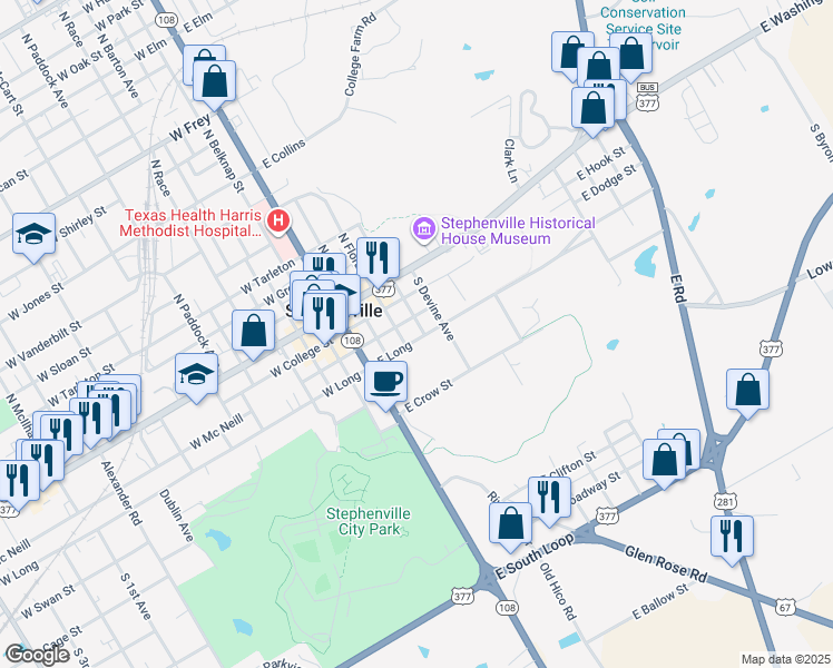map of restaurants, bars, coffee shops, grocery stores, and more near 375 East Long Street in Stephenville