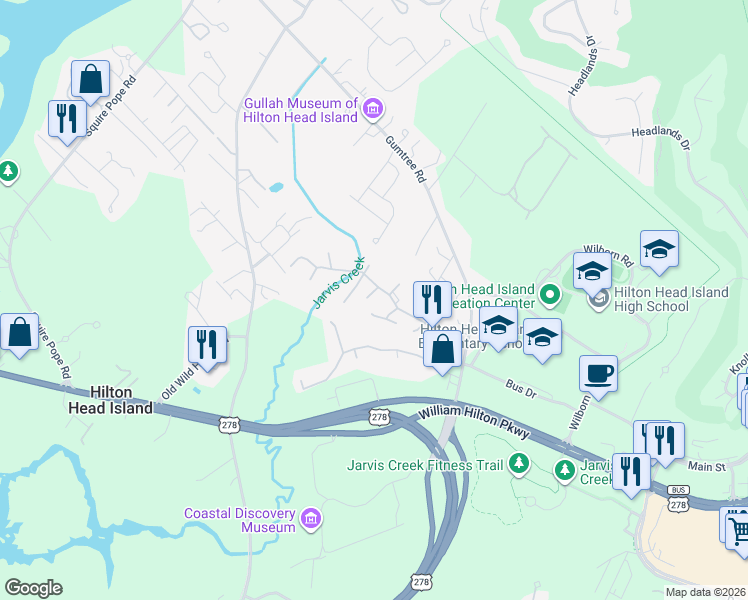 map of restaurants, bars, coffee shops, grocery stores, and more near 5 Gumtree Road in Hilton Head Island
