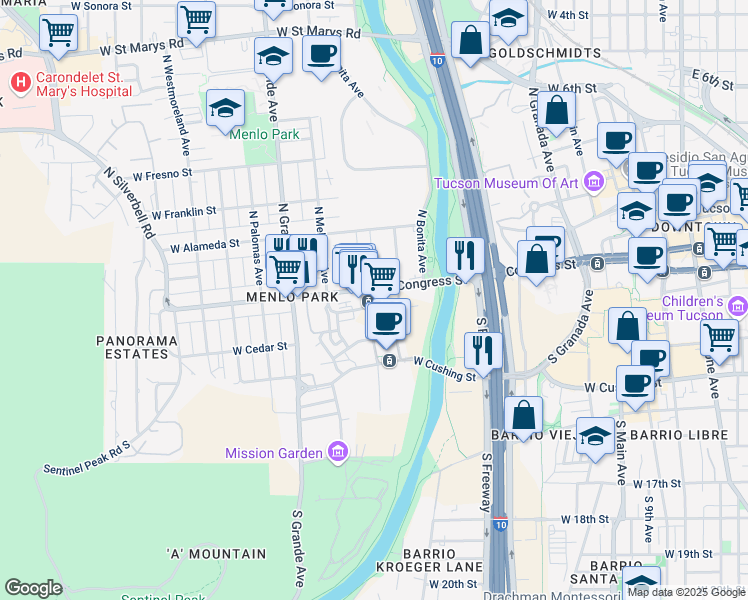 map of restaurants, bars, coffee shops, grocery stores, and more near 125 South Avenida del Convento in Tucson