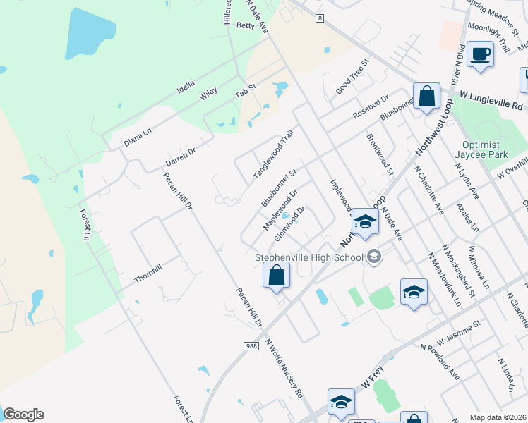 map of restaurants, bars, coffee shops, grocery stores, and more near 688 Bluebonnet Street in Stephenville