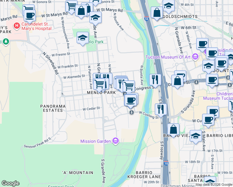 map of restaurants, bars, coffee shops, grocery stores, and more near 885 West Congress Street in Tucson