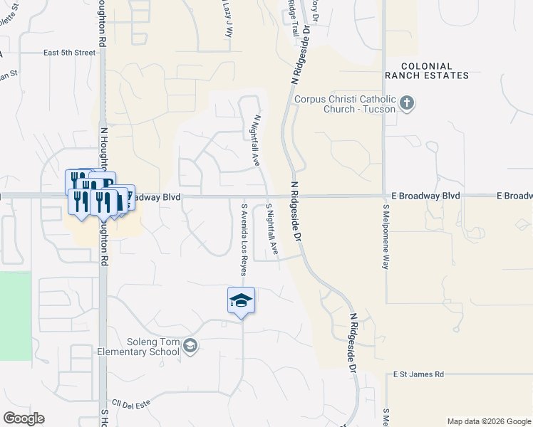 map of restaurants, bars, coffee shops, grocery stores, and more near 74 South Nightfall Avenue in Tucson