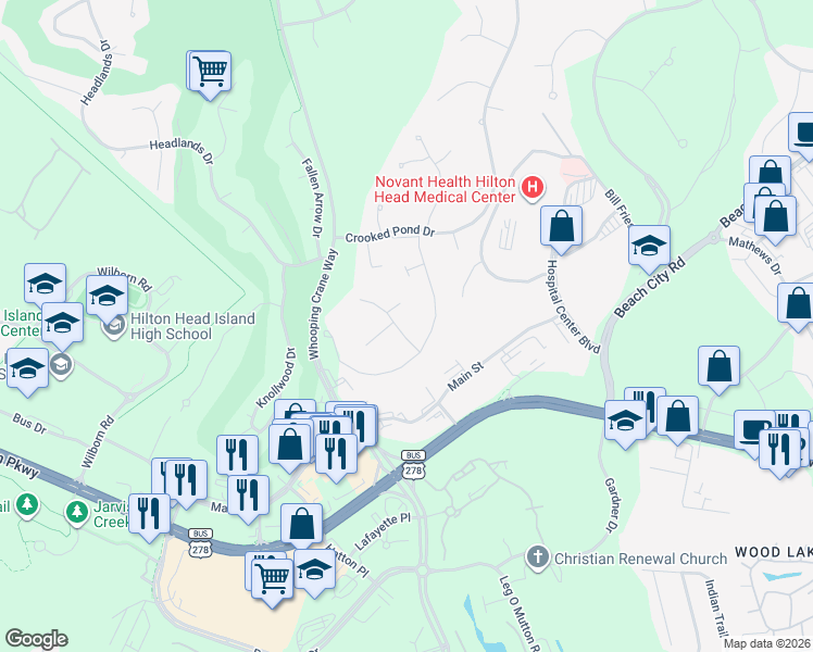 map of restaurants, bars, coffee shops, grocery stores, and more near 28 Edgewood Drive in Hilton Head Island